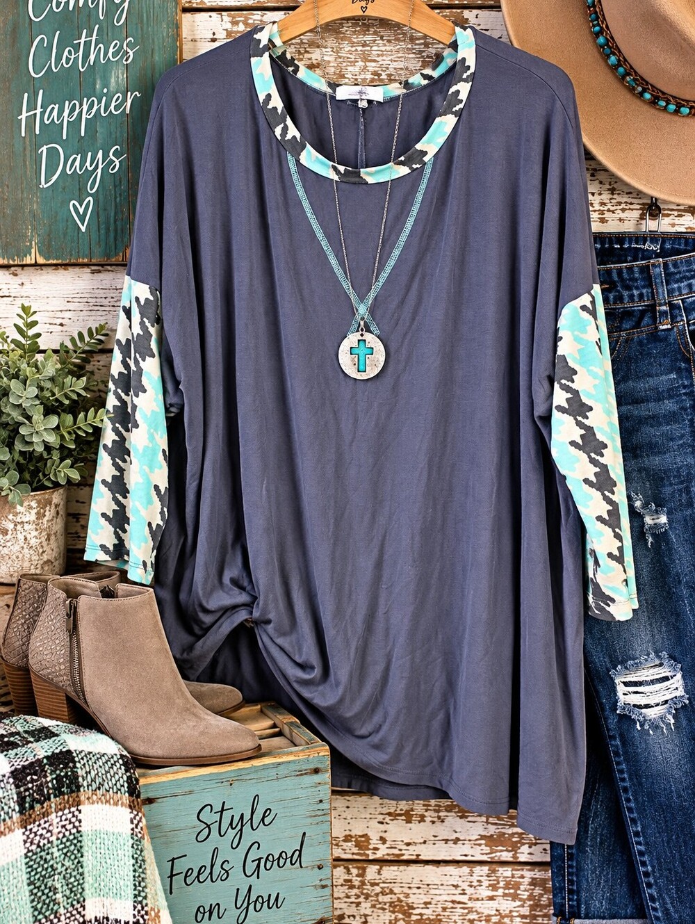 Honeyme Curvy XL Oversized Tunic Top Aqua Camo Contrast Sleeve Boho Top